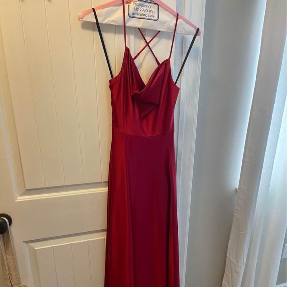 B. Darlin Cowl Neck Spaghetti Strap Open Tie-Back Satin Charmeuse Long Slit Hem